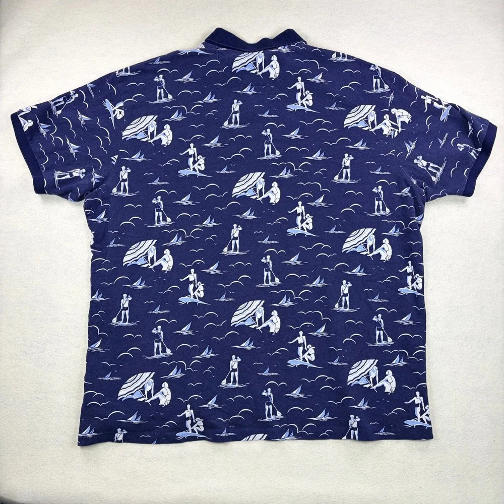 Polo Ralph Lauren Mens 3XB Navy Blue Nautical Beach Scene Pique Polo Shirt